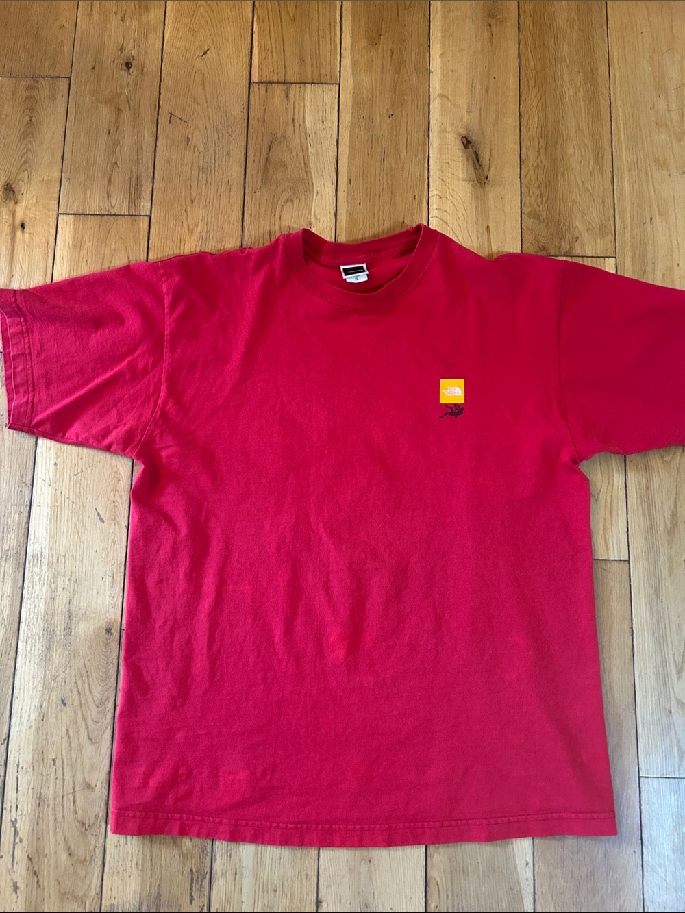 The North Face XL Red Short-Sleeve Tee with Yellow Logo Box